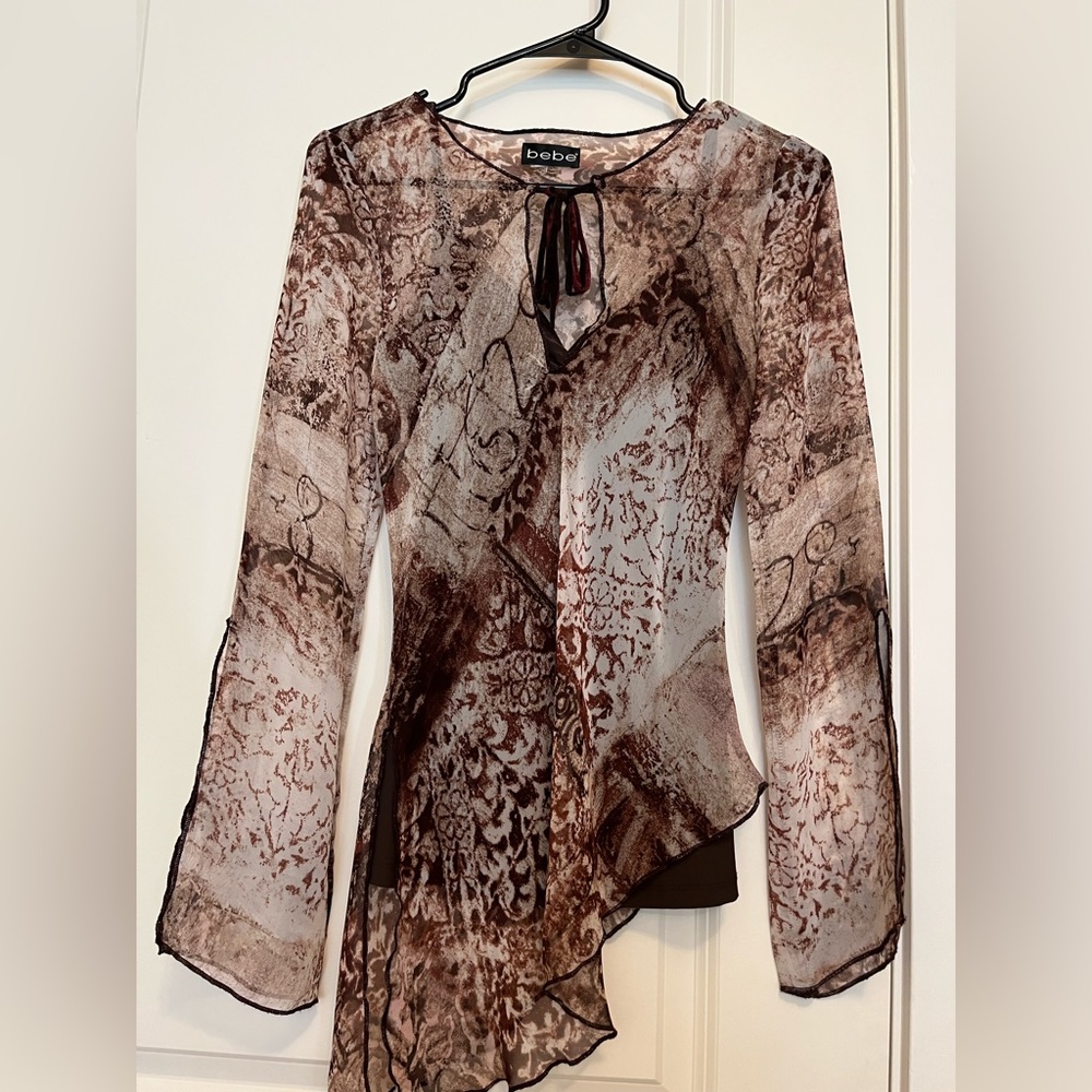Bebe So- Boho Sheer Asymmetrical Top size XS